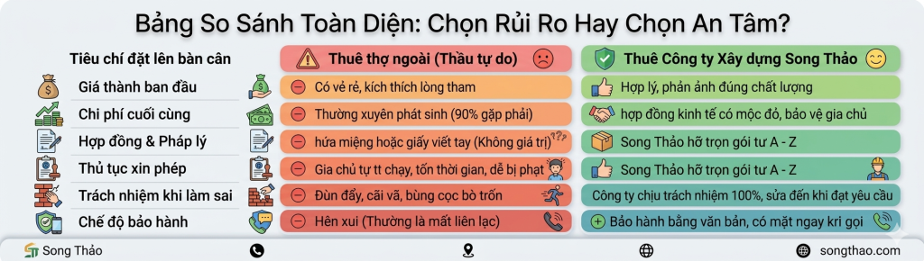 Bảng so sánh thuê thợ ngoài giá rẻ và sửa nhà trọn gói công ty